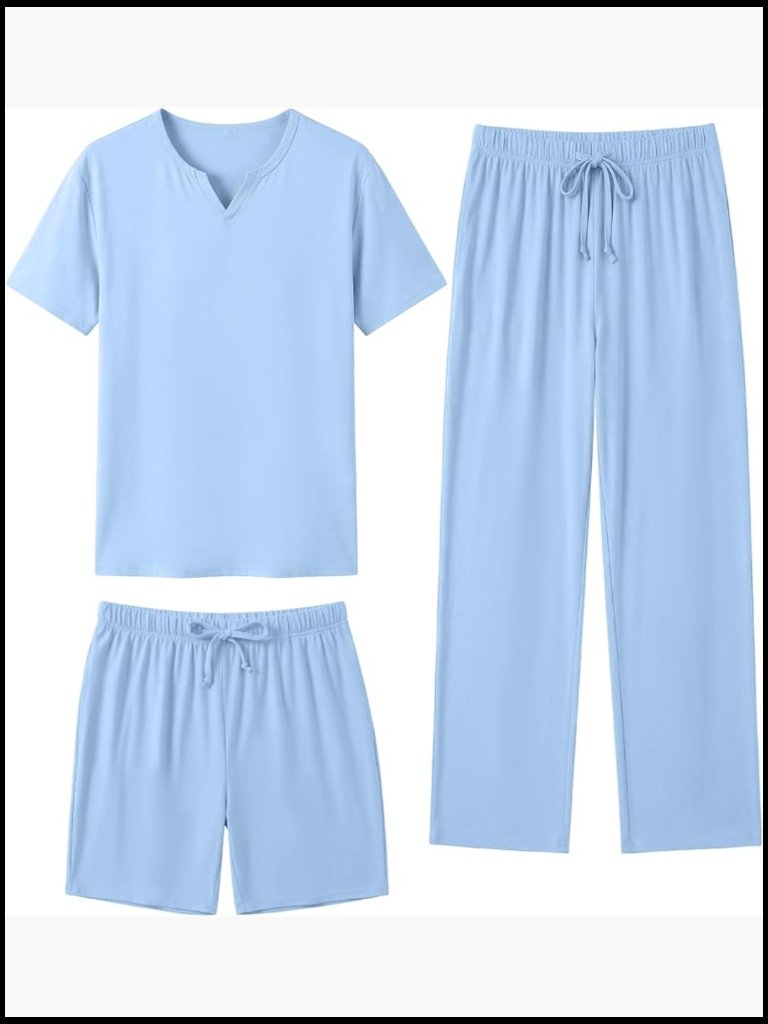 Men's 3 Piece Pajama Set With Shorts And Pants, Lightweight Soft Sleepwear